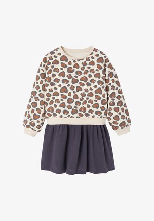 Langärmliges Kleinkindkleid mit Oberteil in beigem Leopardenherzprint und rock in einfarbig dunkellila mit gerafftem Saum.