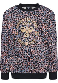 Sweatshirt i blått med ett flerfärgat prickigt mönster. Har rund hals, ribbade muddar och en guldfärgad tryckt logotyp med text.