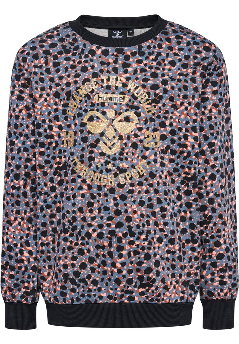 Sweatshirt i blått med ett flerfärgat prickigt mönster. Har rund hals, ribbade muddar och en guldfärgad tryckt logotyp med text.