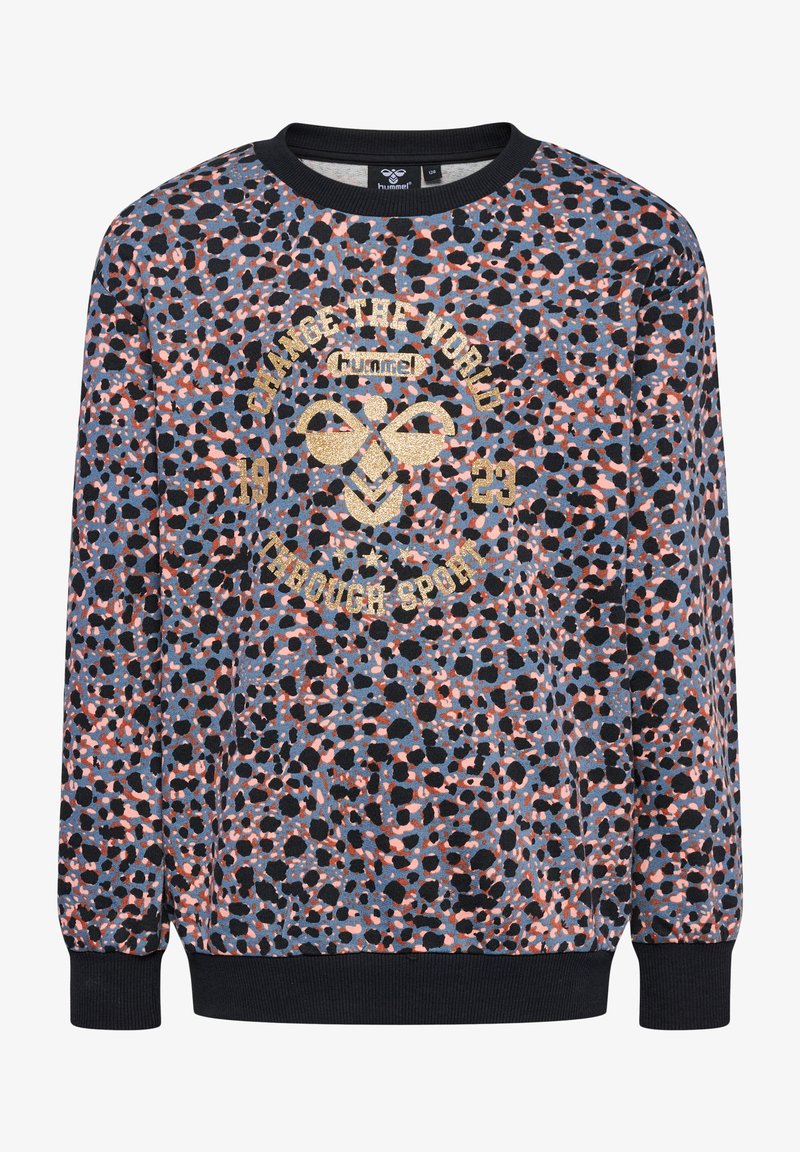 Sweatshirt i blått med ett flerfärgat prickigt mönster. Har rund hals, ribbade muddar och en guldfärgad tryckt logotyp med text.