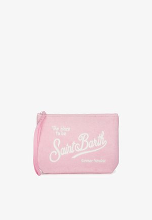 Borsello rosa con zip con scritta bianca "The place to be Saint Barth Summer Paradise" e un cinturino rosa abbinato sulla zip.