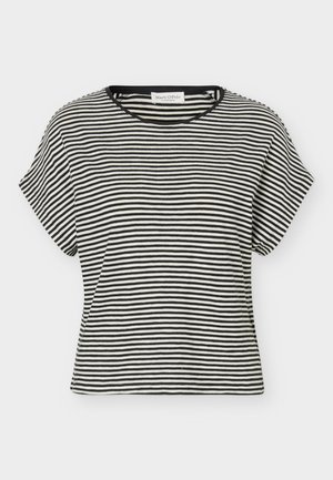 Μπλούζα με κοντά μανίκια, οριζόντιες ασπρόμαυρες ρίγες, στρογγυλή λαιμόκοψη και άνετη εφαρμογή.