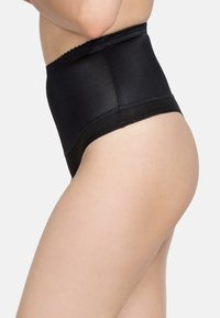 Högmidjade svarta shaper shorts gjorda av mjukt tyg, med en spetskantad midja och sömlösa kanter för en elegant look.