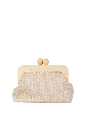 Borsa clutch in tessuto beige lavorato a maglia con struttura in legno chiaro e due pomelli rotondi in legno come chiusura nella parte superiore centrale.