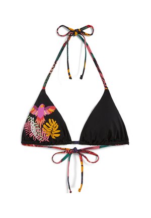 Musta bikinisali, jossa on kolmiomaiset kupit. Ominaisuudet värikkäät kukkakuviot vaaleanpunaisena, keltaisena ja vihreänä naruissa ja sivuissa. Solmittava selästä.