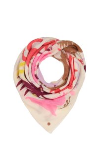 Sciarpa floreale in morbido tessuto leggero; presenta motivi rosa, rossi e marroni su sfondo crema; forma triangolare con centro arrotondato.