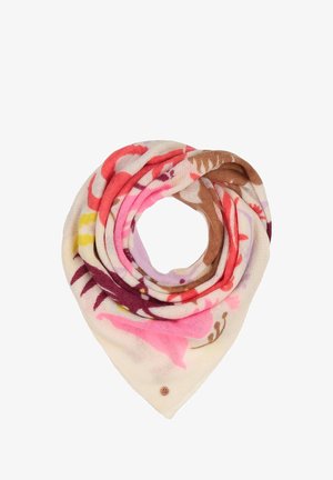 Bufanda floral en tejido suave y liviano; presenta patrones en rosa, rojo y marrón sobre un fondo crema; forma triangular con un centro redondeado.