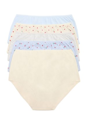 Fem dames højtaljede bomuldstrusser i ensfarvet creme og blå, blå og creme med små røde blomsterprint, arrangeret stakket.