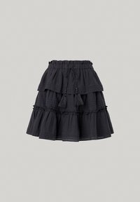 Černá vrstvená sukně vyrobená z lehkého materiálu. Má elastický pas, stahovací šňůrku a třásně jako ozdobu. Podél sukně je texturovaná volánková dekorace.