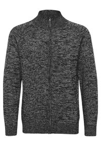 Black and gray zip-up sweater, featuring a high collar, textured knit pattern, and ribbed cuffs and hem. Smooth fabric with a subtle design.