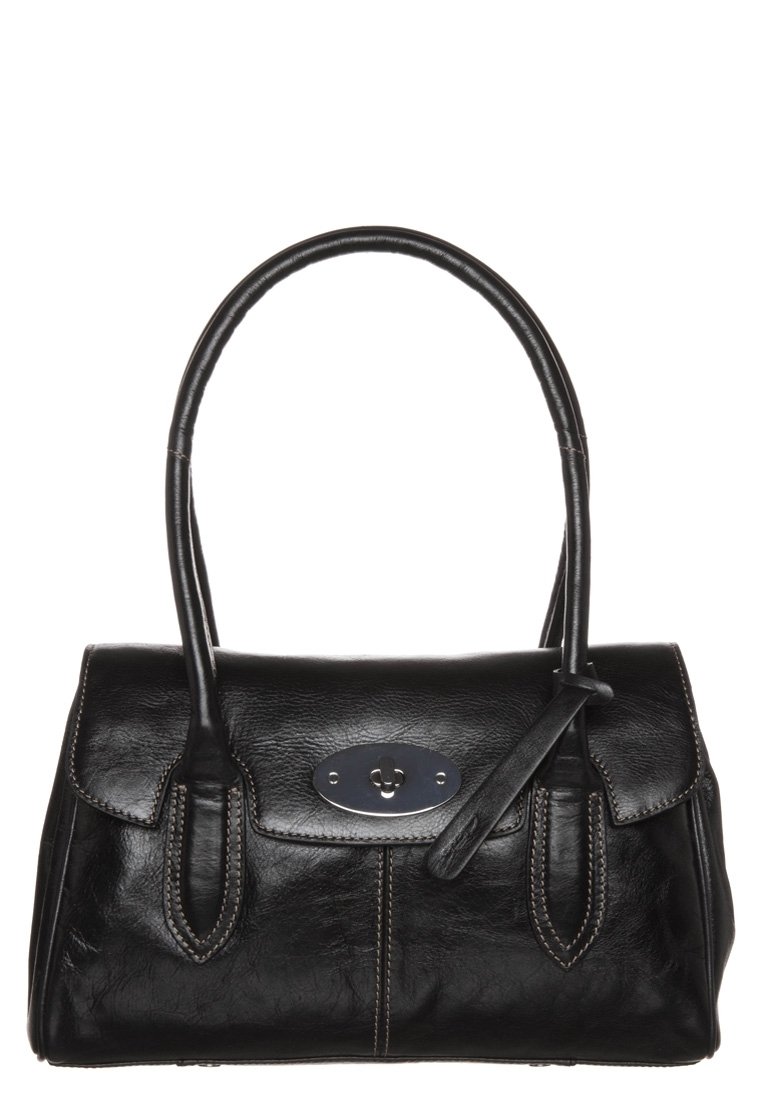 Sac à main en cuir noir au design structuré, avec un fermoir métallique argenté, deux poignées et des surpiqûres en contraste le long des bords.