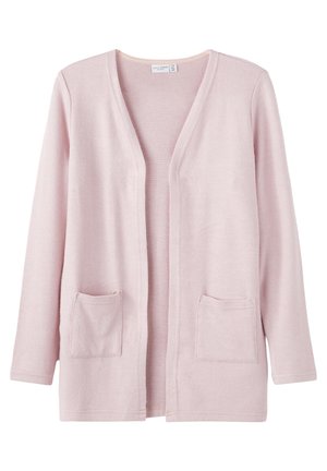 Roze open-front cardigan met lange mouwen, twee voorzakken, gemaakt van zachte stof, met een ontspannen pasvorm en een gladde textuur.