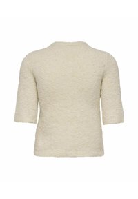 Pull en tricot texturé couleur crème avec des manches courtes et un col rond, présenté de dos sur un fond blanc.