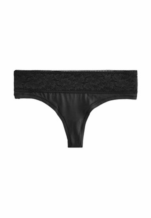 String noir en tissu lisse avec une taille en dentelle florale. Présente un design taille basse avec une couverture minimale.