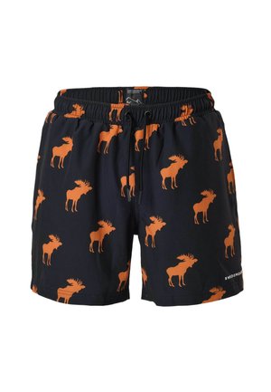 Schwarze Badeshorts mit orangefarbenen Elch-Silhouetten bedruckt, die sich über den gesamten Stoff erstrecken, und einem schwarzen Kordelzug am elastischen Bund.