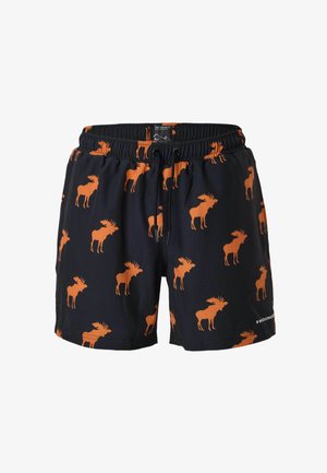 Schwarze Badeshorts mit orangefarbenen Elch-Silhouetten bedruckt, die sich über den gesamten Stoff erstrecken, und einem schwarzen Kordelzug am elastischen Bund.