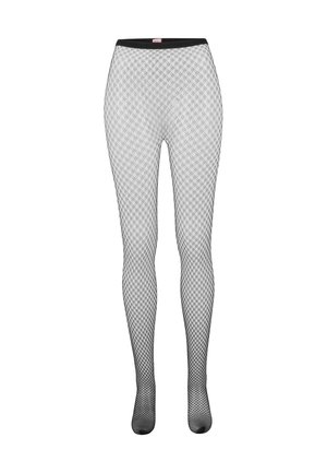 Schwarze Netzstrumpfhose mit geometrischem Muster, elastischem Material und einem elastischen Bund für einen sicheren Sitz.