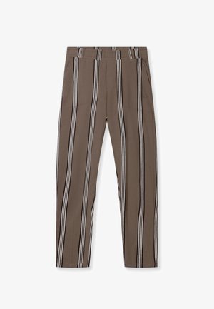 Pantaloni marroni con strisce verticali nere e bianche, fascia elastica in vita e tasche laterali, mostrati su sfondo bianco.