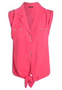Blouse rose sans manches avec col, fermeture boutonnée à l'avant et deux poches poitrine, dotée d'un ourlet noué en bas et de détails aux épaules.