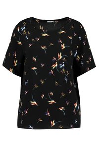 Blusa negra de manga corta con un patrón colorido de aves, con un corte holgado y un escote redondo. Tejido suave con una textura ligera.