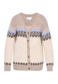 Beige kötött kardigán V-nyakkal, fa gombokkal, kék és barna mintával a vállakon, valamint bordás mandzsettákkal és alsó résszel.