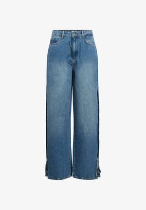 Wide-leg denim jeans in light blue, featuring a high waist, front pockets, and side slits with ties at the hem. Smooth texture.