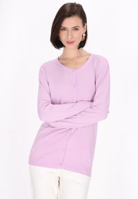 Cardigan lungo viola con maniche a lunghezza intera realizzato in tessuto morbido, dotato di scollo rotondo e chiusura con bottoni frontali. Design semplice e pulito senza motivi.