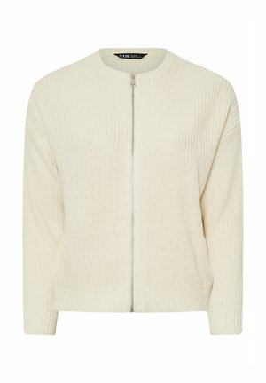 Licht beige gebreide trui met een ronde halslijn, volledige ritsluiting en geribde manchetten. Heeft een textuurweving en twee zijzakken.