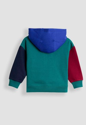Farvet blok hoodie med en grøn krop, blå hætte, maroon og marineblå ærmer, lavet af blødt stof med ribbede mansjetter og kant.
