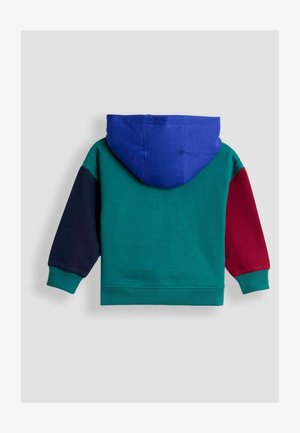 Hoodie en patchwork de couleurs avec un corps vert, une capuche bleue, des manches bordeaux et marine, fabriqué en tissu doux avec des poignets et un ourlet côtelés.