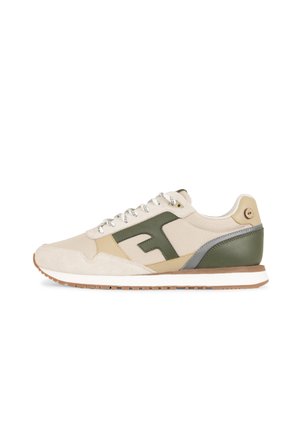 Beige and olive green sneakers with suede and synthetic materials. Features a lacing system, rubber sole, and contrasting design elements.
