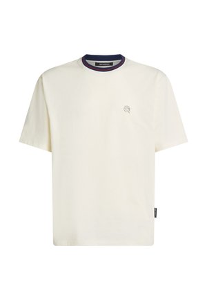 Kremasta pamučna majica kratkih rukava s okruglim izrezom, s mornarsko plavim, crvenim i bijelim prugastim ovratnikom i malim logotipom na prsima.