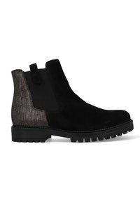 Bottines en daim noir avec un panneau arrière métallique texturé gris, des côtés élastiques et une semelle robuste pour une bonne traction.