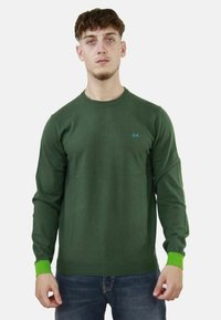 Maglione verde lavorato a maglia con maniche lunghe, caratterizzato da un collo rotondo e polsini in un verde brillante a contrasto. Piccolo logo sul petto.