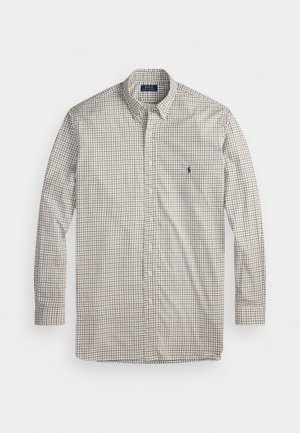 Long-sleeve button-up shirt with a beige, brown, and green checkered pattern and a small green embroidered logo on the chest.