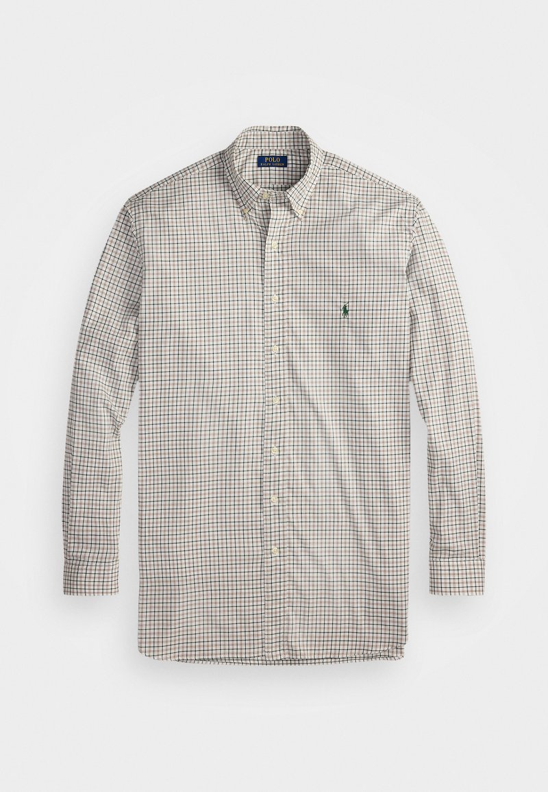Langärmliges Hemd mit Knöpfen in einem karierten Muster aus Beige, Braun und Grün sowie einem kleinen, grün gestickten Logo auf der Brust.