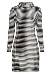 Robe mini à manches longues en damier noir et blanc, avec un col montant haut et une silhouette ajustée.