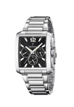Miesten Festina-ruostumattomasta teräksestä valmistettu rannekello, jossa on neliönmuotoinen musta kellotaulu, kolme apuraatia, hopeanväriset tuntimerkinnät ja metallinen rannekelinkki.