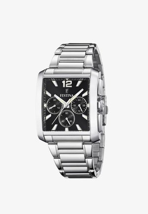 Moška zapestna ura Festina iz nerjavečega jekla s štirikotno črno številčnico, tremi podštevilčnicami, srebrnimi urnimi kazalci in zapestnico iz kovinskih členov.
