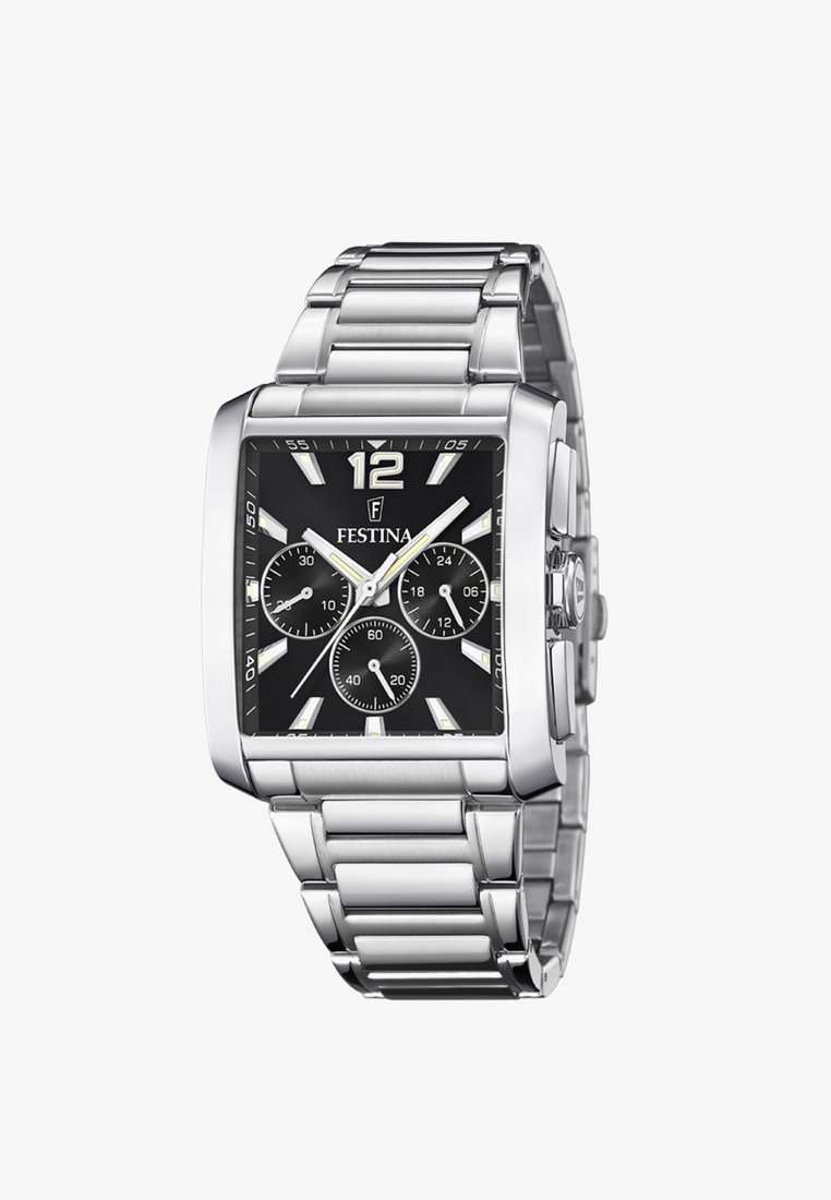 Vyrų Festina laikrodis iš nerūdijančio plieno su kvadratiniu juodu ciferblatu, trimis mažais ciferblatais, sidabrinėmis valandų žymėmis ir metaline apyranke iš grandinių.