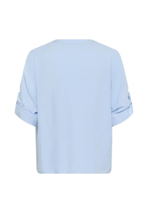 Light blue short-sleeve shirt with rolled cuffs, featuring a relaxed fit and smooth texture. Back design is simple and seamless.