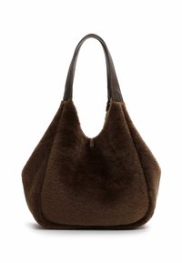 Brown fluffy tote bag with a soft texture, featuring a rounded shape and dark leather handles, designed for comfortable carrying.