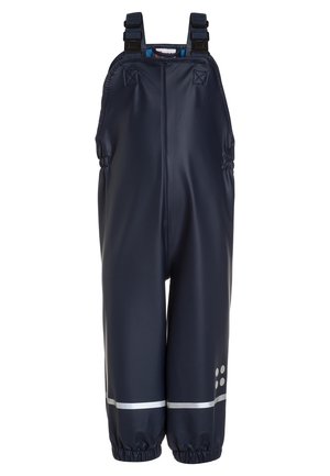 Marineblå vandtætte overalls med justerbare stropper, elastiske manchetter og reflekser på nederste ben. Glat, slidstærkt stof.