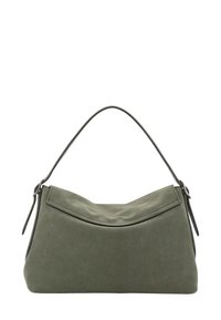 Green suede handbag with a soft, structured shape, featuring a curved top, a single handle, and black leather accents.