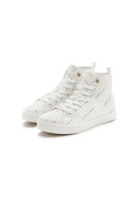 High-top sneakers in white canvas with a textured pattern and embossed branding. Features white laces and a rubber sole.
