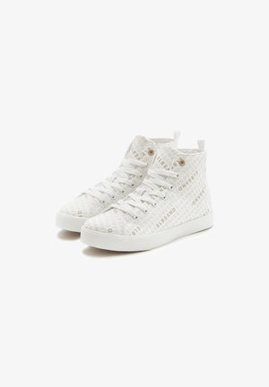 High-top sneakers in white canvas with a textured pattern and embossed branding. Features white laces and a rubber sole.