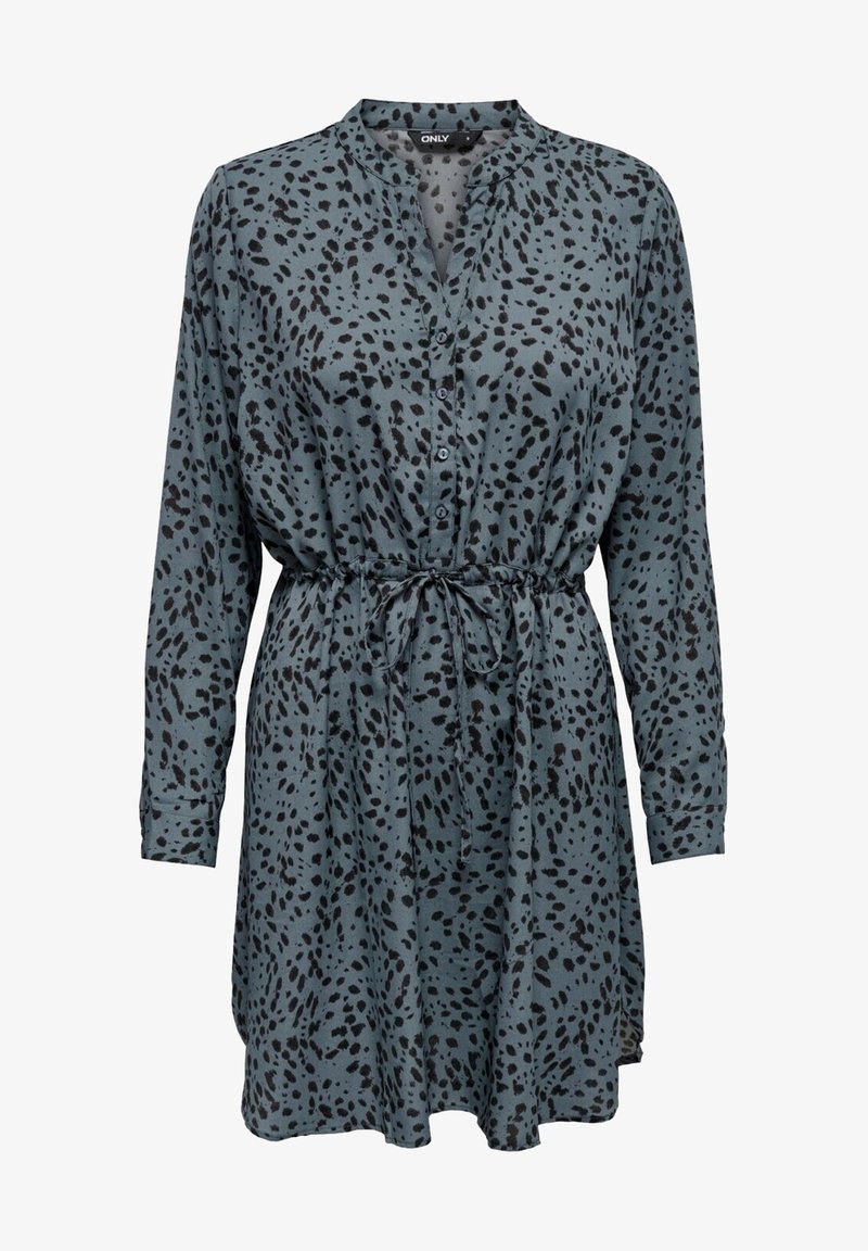 Robe à manches courtes boutonnée en tissu bleu sarcelle avec un motif à pois noirs, taille cintrée et col. Dotée d'une ceinture à nouer à la taille.