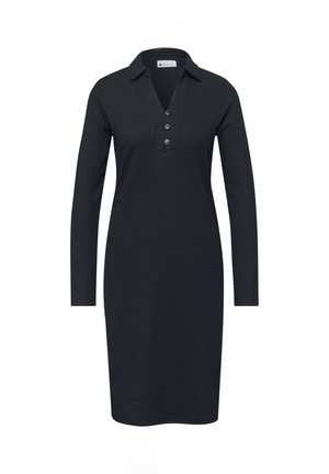 Robe en tricot noir à manches longues avec col et patte de boutonnage à trois boutons, longueur genou, coupe droite.
