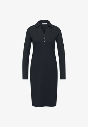 Černé pletené šaty s dlouhým rukávem, límečkem a tříknoflíkovou légou, ke kolenům, rovný střih.