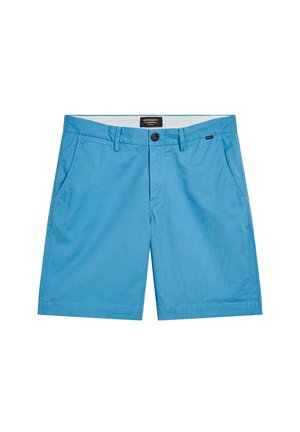 Blaue Baumwollshorts mit Knopfverschluss, frontalen Taschen und geradem Schnitt. Verfügt über ein Markenschild am Bund.